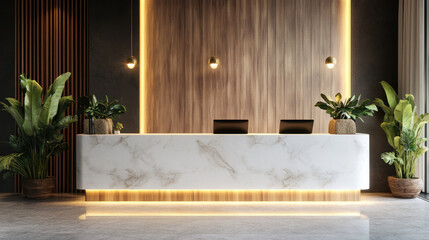Spa reception counter mockup entrance health wellness relaxation welcoming interior lobby lounge greeting elegance design luxury minimalist modern natural light front view decoration