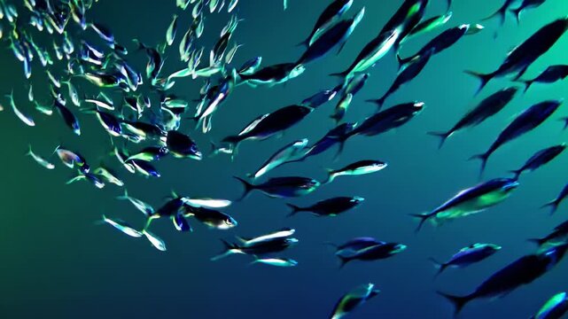 Enormous shoal of fish swirling in a perfect circular bait ball, forming a mesmerizing vortex in deep blue ocean waters that evokes teamwork, unity and natural harmony