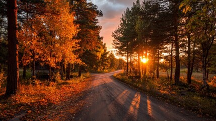 Fototapeta premium Road in autumn forest at sunset.