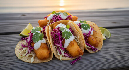 Savor delicious, crispy fish tacos bursting with fresh flavors and creamy sauce, perfectly plated on rustic wood with a warm sunset glow, evoking seaside bliss and culinary delight.