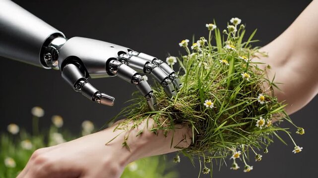 Robot hand touches growing plants