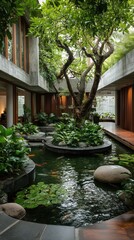 Serene inner courtyard of a modern tropical house featuring a central koi pond with a large tree. A harmonious blend of concrete, wood, and lush greenery creates a peaceful oasis.