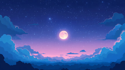 Obraz premium Serene night sky showcases glowing moon surrounded by soft clouds under twinkling stars, creating enchanting weather conditions