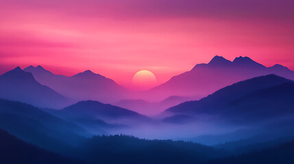 Fototapeta premium Breathtaking sunset over mountains showcases vibrant weather conditions with hues of pink and purple creating serene atmosphere