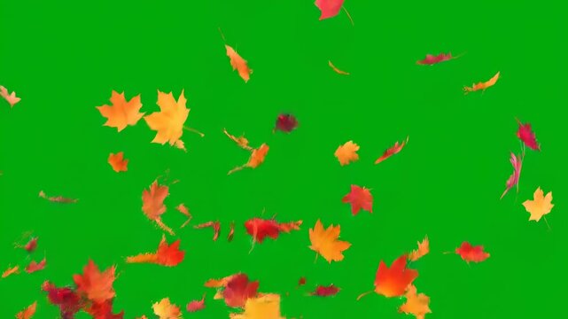 A powerful gust of wind sends multiple colorful autumn leaves swirling and falling on a green screen energetic, chroma key, overlay