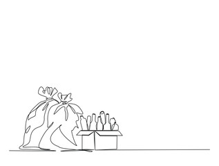 Continuous line art drawing of plastic trash bag and cardboard with full bottles. Plastic trash bag in single line art drawing vector illustration. Editable stroke.