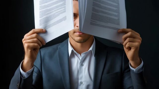 A man is holding a book in his hands and is looking away from the camera. He is wearing a suit. corporate lawyer highlighting AI governance document pages, policy clean editorial