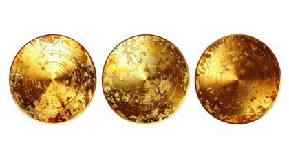 Three gold circular plates, distressed