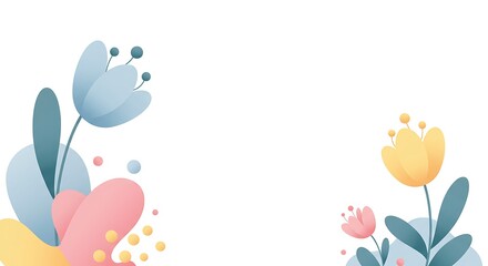 Pastel Floral Spring Arrangement Blue with Pink  Yellow Tulip Design on White.