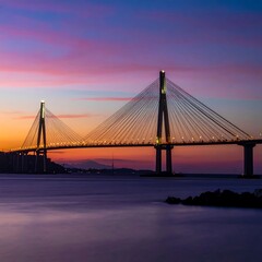 Obraz premium A cable-stayed bridge at sunset over water