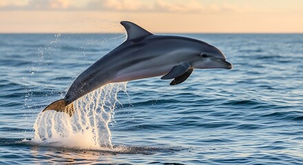 Obraz premium A playful dolphin leaps gracefully out of the water at early sunrise