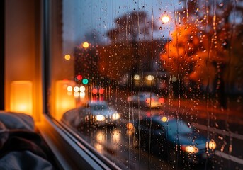 Fototapeta premium Rainy Night City View from Window with Warm Interior Lighting