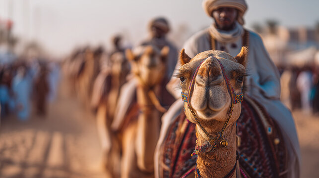 Al Dhafra Festival camel parade with riders in desert showcasing UAE heritage, Arabian culture, and celebration of camel traditions in annual event.