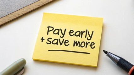 Sticky Note with Message to Pay Early and Save More on a Desk Surrounded by a Pen and Pencils in a Bright Workspace