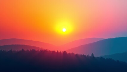 Obraz premium Colorful sunset over mountain forest landscape