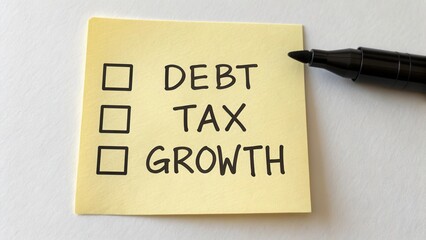 Note with Checkboxes Representing Debt, Tax, and Growth on a Yellow Sticky Pad with a Black Marker for Financial Planning