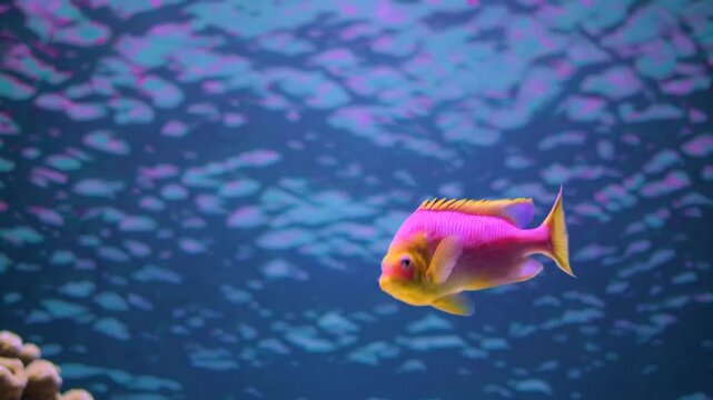 Gorgeous sea goldie - pseudanthias squamipinnis - gliding among coral in a marine aquarium, vibrant magenta and yellow hues against deep blue tropical reef water