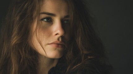 Intense gaze portrait of a young woman with captivating eyes and long flowing hair