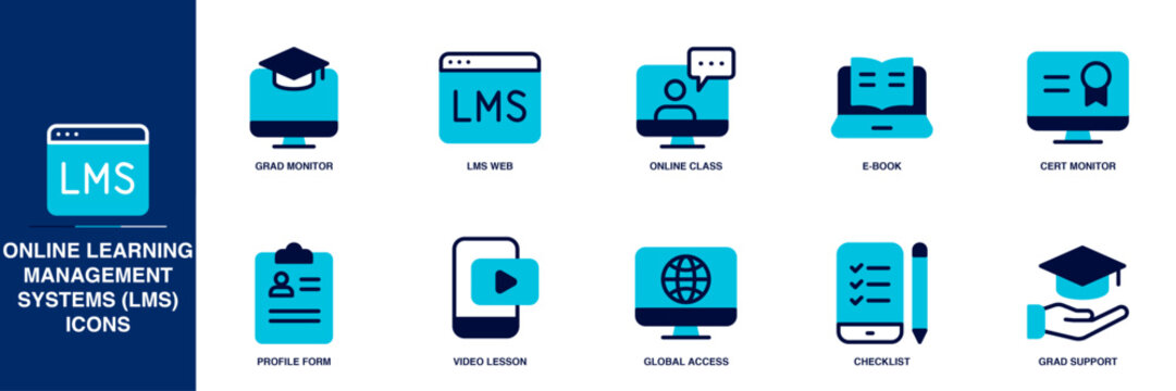 Online Learning Management Systems (LMS) Blue Colored Outline Icon Set