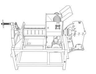 Mechanical Engineering Schematic: Industrial Coconut Milk Extractor Machine. Line Art Squeezer Press Juicer for Food Production, Beverage Processing and Factory Automation. Blueprint Style Diagram.