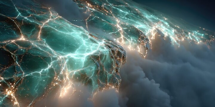 A swirling, ethereal landscape of glowing city lights, highlighted by teal energy veins, above clouds