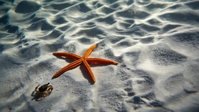 Tiny crab scuttling across pristine white seabed toward a bright orange starfish in crystal clear shallow water, sunlight creating rippled caustic patterns on sand