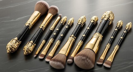 Luxury Makeup Brushes Set, Gold and Black Handles.
