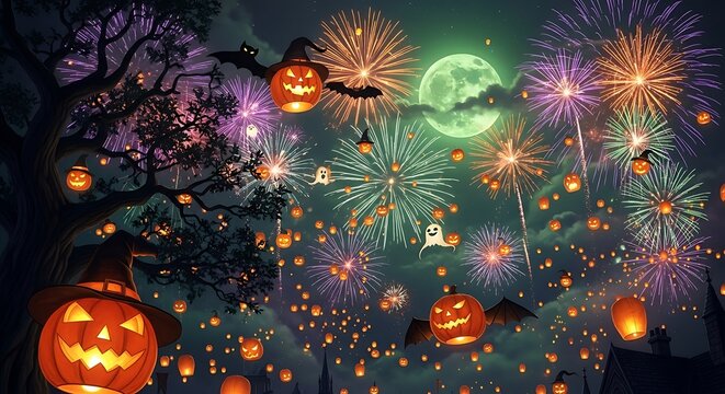 Halloween night sky filled with fireworks pumpkins bats and ghosts creating a festive spooky atmosphere perfect for holiday celebrations - Powered by Adobe