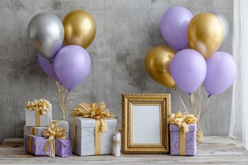Elegant celebration scene with gold frame balloons and wrapped gifts