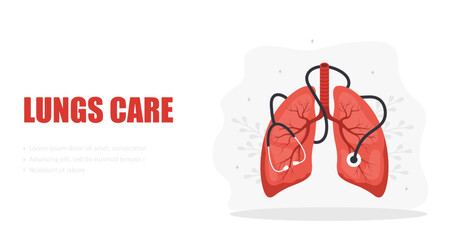 Lungs care concept. Medical check up. Big realistic lung with stethoscope. Flat Vector illustration.