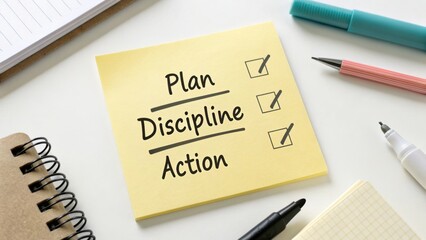 Sticky Note with Motivational Words on a Clean Workspace with Pens and Notebooks for Productivity and Organization