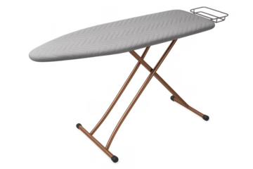 Empty ironing board with metal legs and transparent background