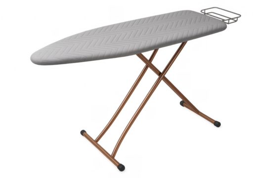 Empty ironing board with metal legs and transparent background
