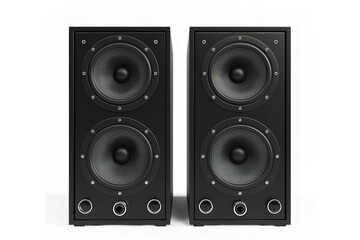 Fototapeta premium Two black speakers with dual woofers and knobs for audio control.