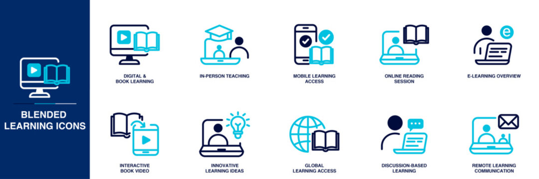 Blended Learning Blue Colored Outline Icon Set