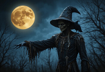 Creepy scarecrow with crow on his shoulder and full moon in the night sky, horror and Halloween concept. Halloween background. 3d rendering.