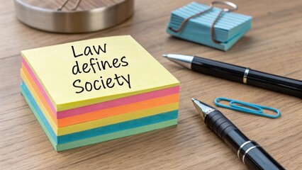 Bright sticky notes with text 'Law defines Society' beside pens, binder clip, and paper clip on wooden desk surface
