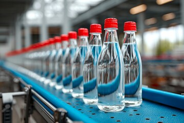 Glass bottles with red caps on conveyor belt in beverage factory