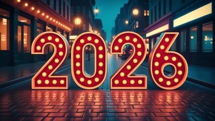 Illuminated 2026 marquee numbers glowing on city street for New Year celebration