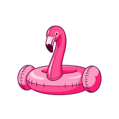 Illustration of a bright pink inflatable flamingo pool float on a white background.