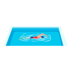 A swimmer wearing a cap and swimsuit is swimming freestyle in a blue rectangular pool, creating ripples in the water.