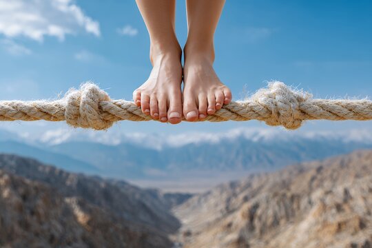 Bare feet balancing on rope above mountain landscape under blue sky