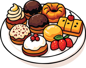 Colorful plate of assorted pastries and sweets including donuts, cupcakes, cakes, and berries. Perfect for bakery, dessert menu, café promotion, or festive food projects. Editable EPS format.