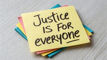 Colorful sticky notes with hand-written message emphasizing justice and equality for all individuals and communities worldwide