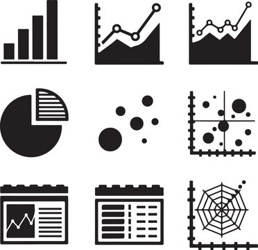 Nine black and white icons featuring charts, graphs, calendar, and data analysis elements bar chart line graph