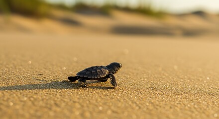 Baby sea turtle crawling on sandy beach