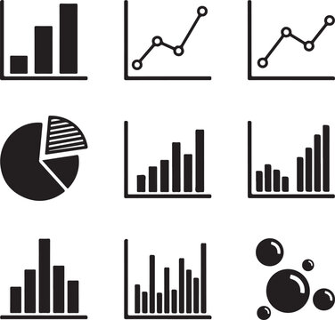 Nine black and white icons illustrating different types of charts and data representations bar chart