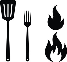 Cooking icons, kitchen tools, spatula silhouette, fork vector, flame symbol, grilling utensils, heat icon, Bdesign, culinary elements, fire graphic, black silhouette, food preparation, kitchen safety