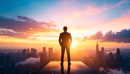 Businessman Stands Overlooking a City at Sunrise with a Strong Sense of Vision