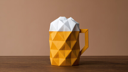 A geometric, paper-crafted beer mug with a frothy top, set against a simple brown background.